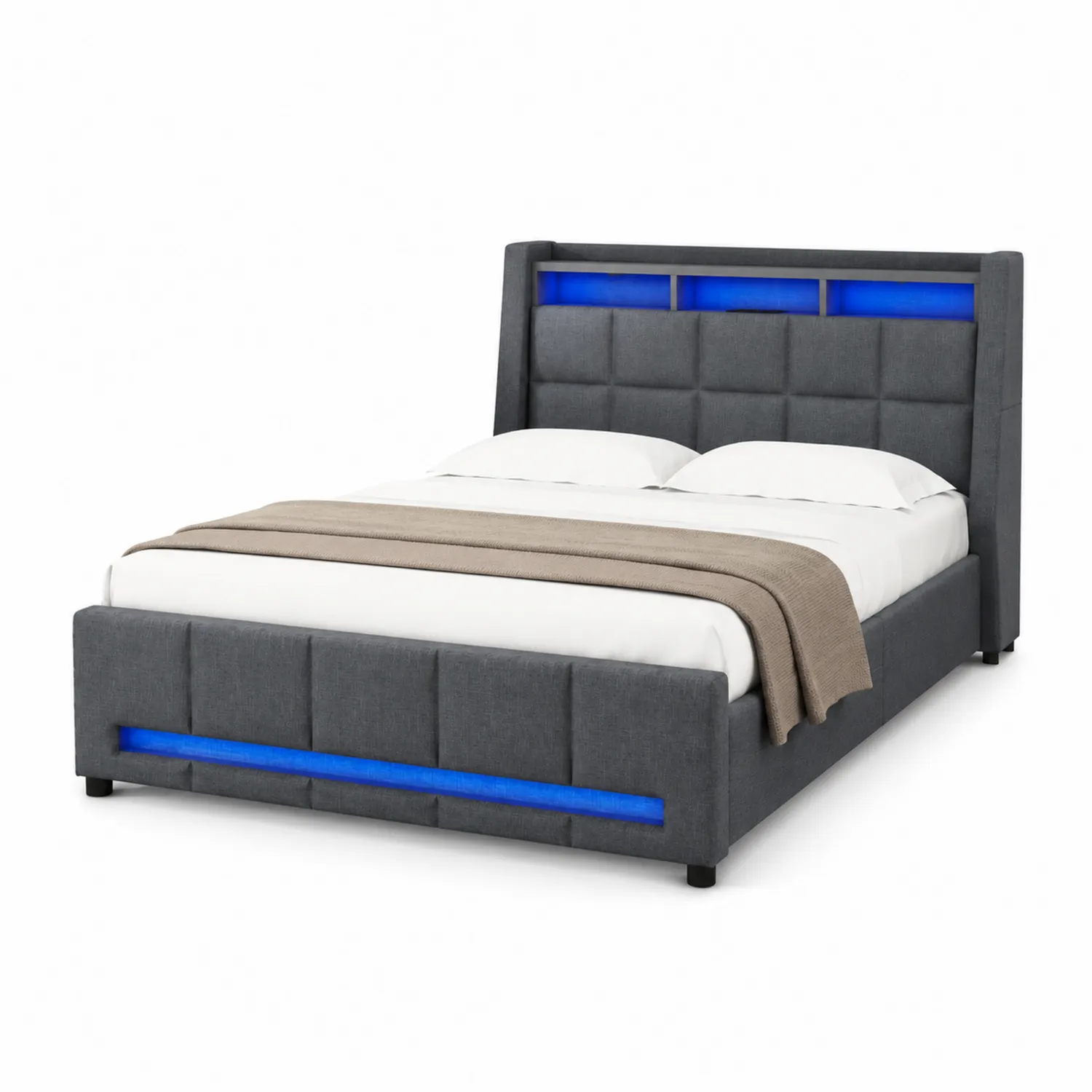 Letto matrimoniale in tessuto con LED blu