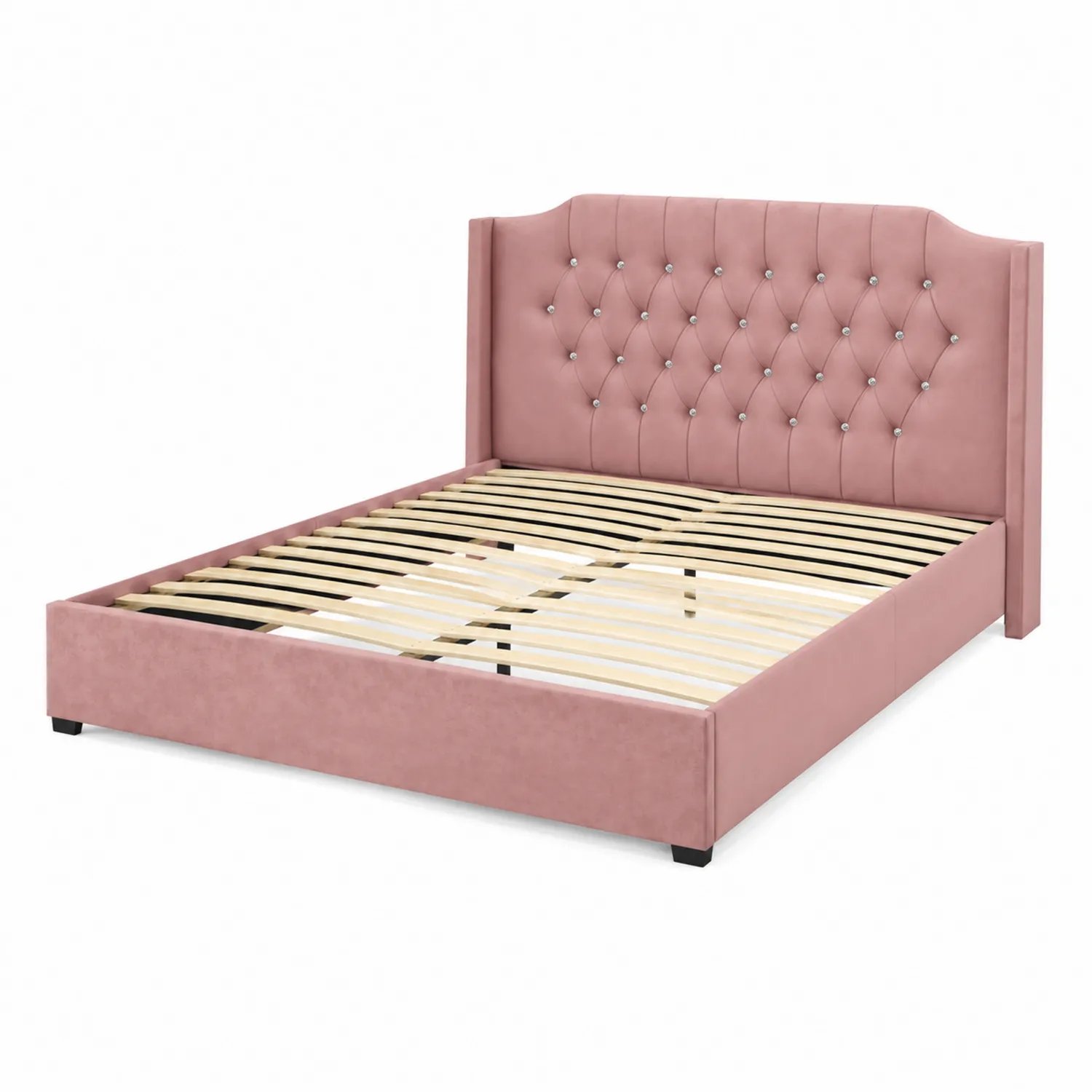 Letto matrimoniale in velluto con testiera trapuntata e cristalli Rosa 160x200 cm