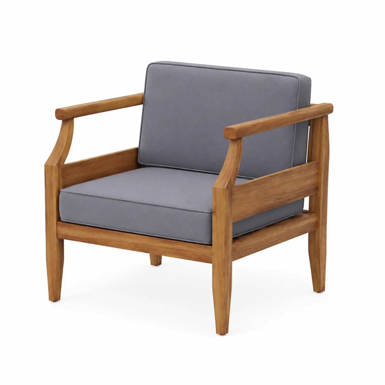 Poltrona in Teak con Cuscini in Tessuto Grigio