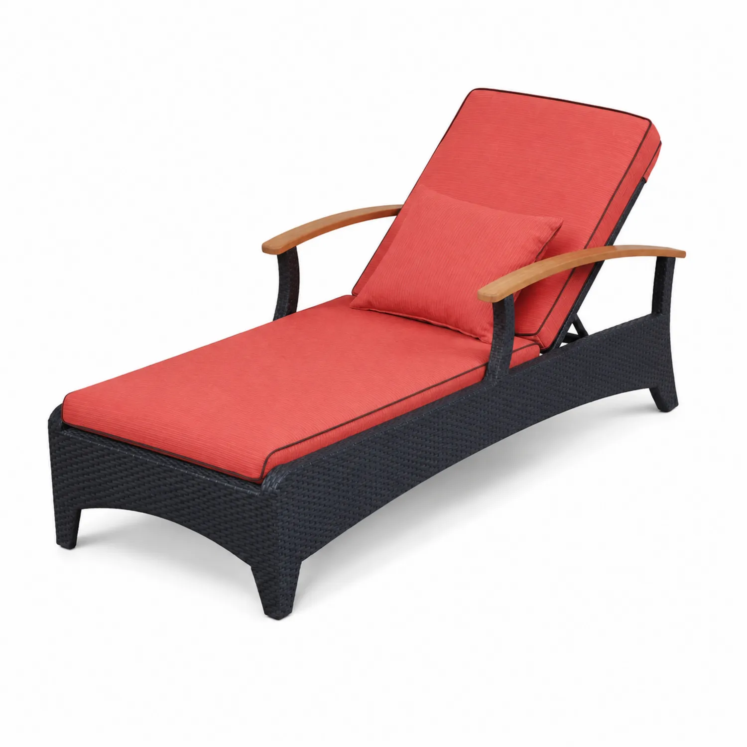 Lettino prendisole in rattan nero con cuscini rossi