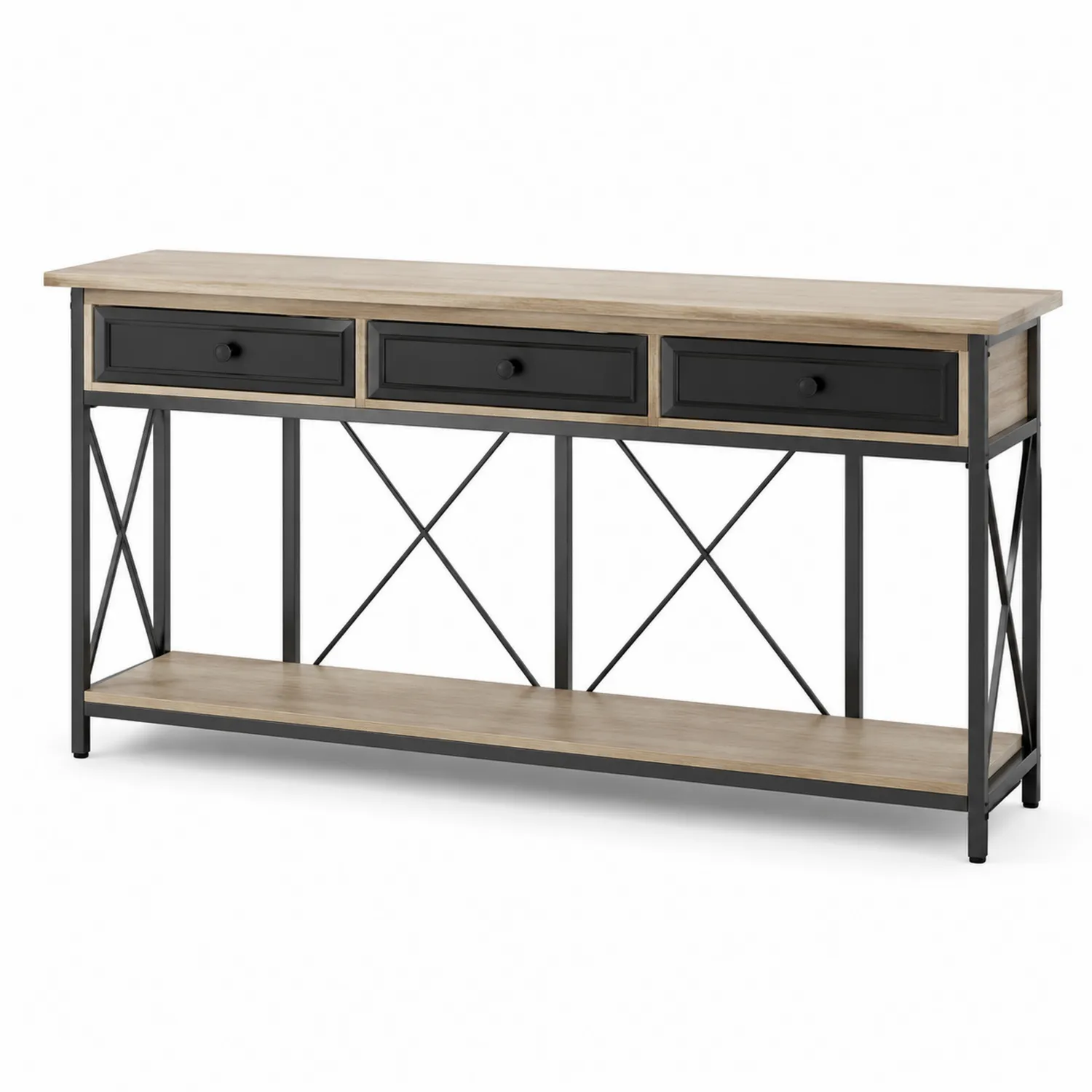 Konsolentisch Holz/Metall Schwarz/Natur 120x30x80cm mit 3 Schubladen