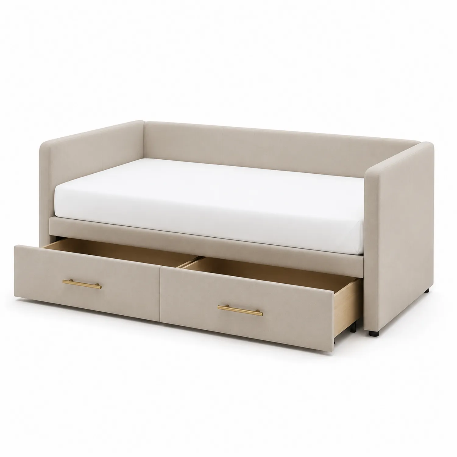 Daybed Beige mit Schubladen aus Holz und Velours