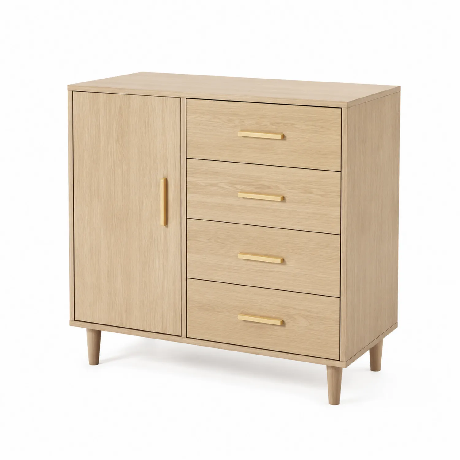 Cassettiera in legno con 4 cassetti e 1 anta in rovere chiaro