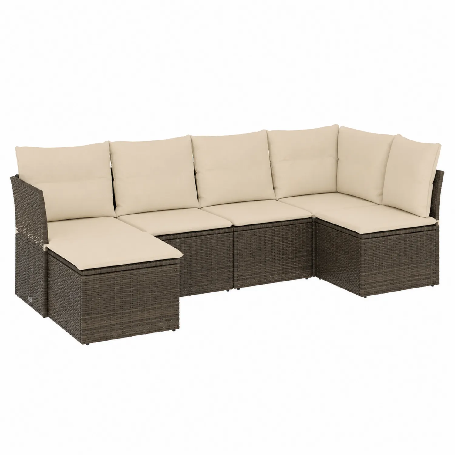Divano modulare ad angolo 5 posti in rattan sintetico con cuscini beige
