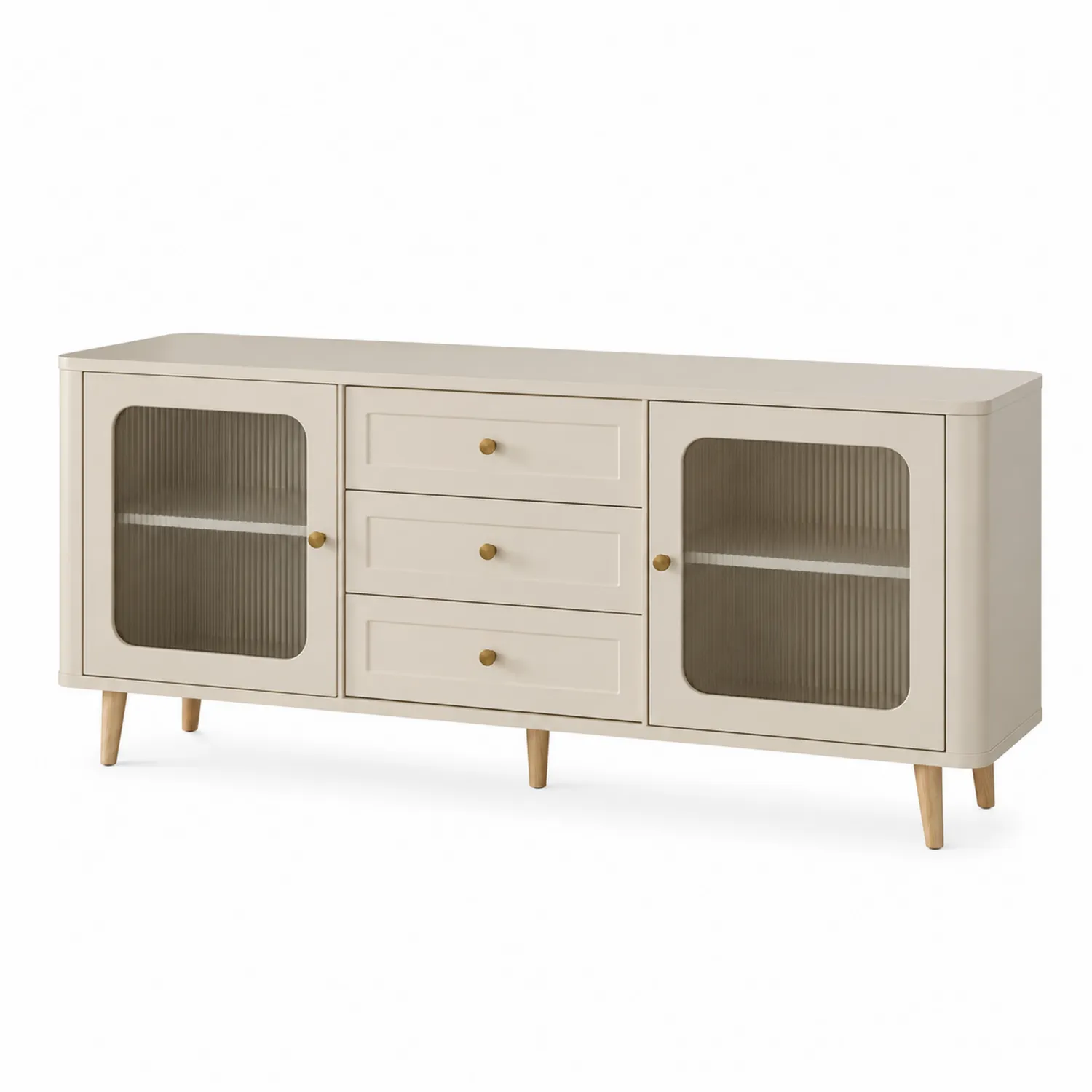 Credenza in Legno Crema con Ante in Vetro Corrugato