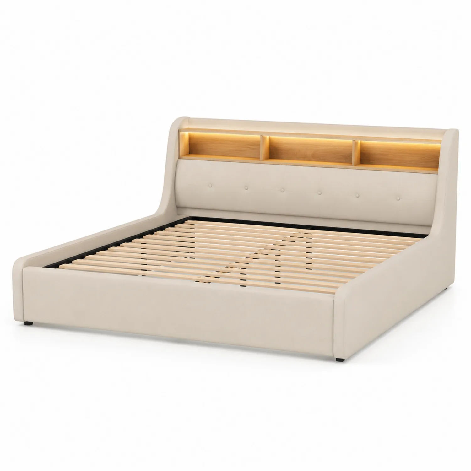 Letto Matrimoniale con Testiera in Legno e Poliestere Beige