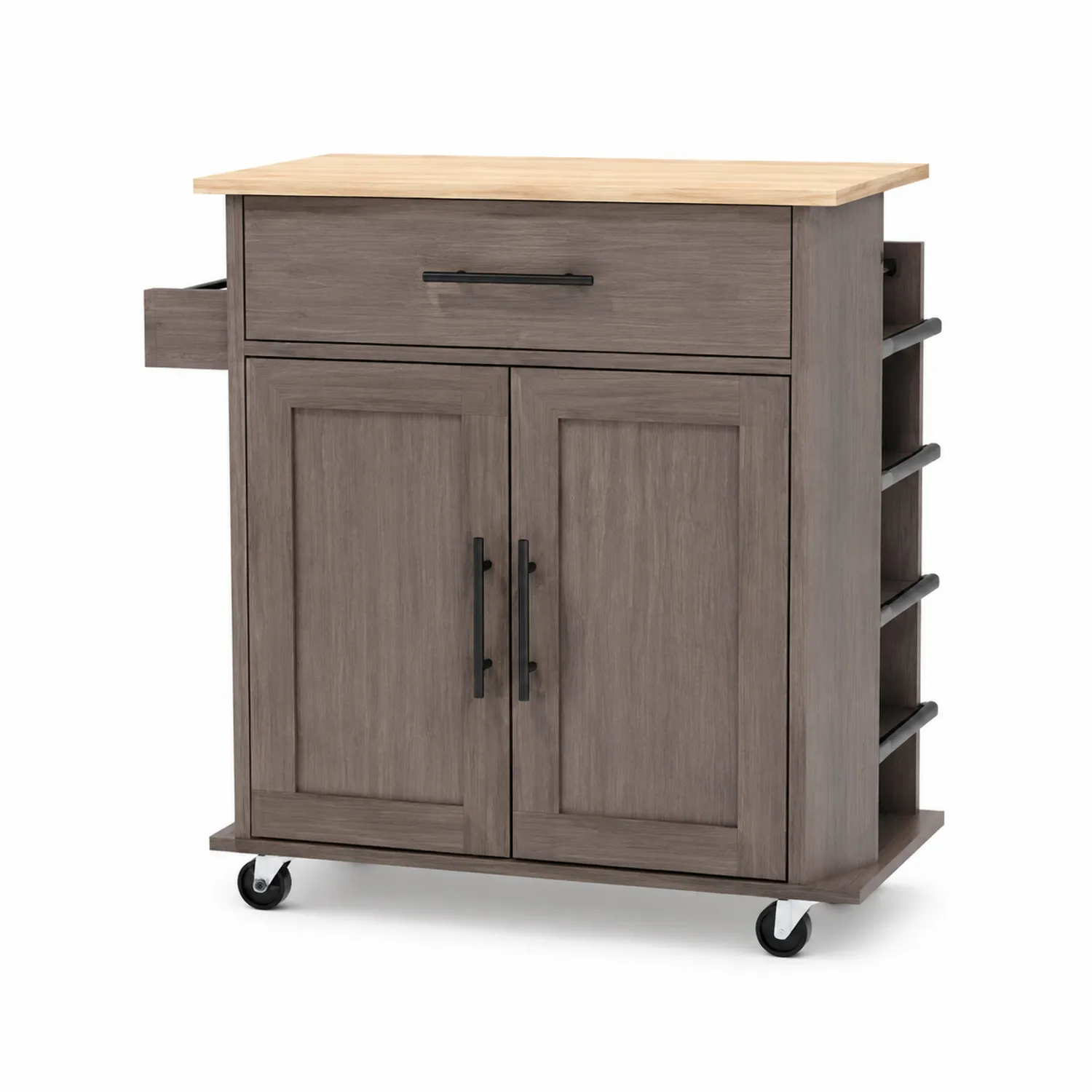 Carrello da cucina in legno grigio con cassetto e ante, piano in legno chiaro
