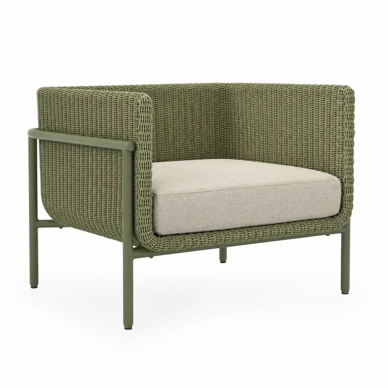 Poltrona in rattan sintetico verde con cuscino beige e struttura in alluminio
