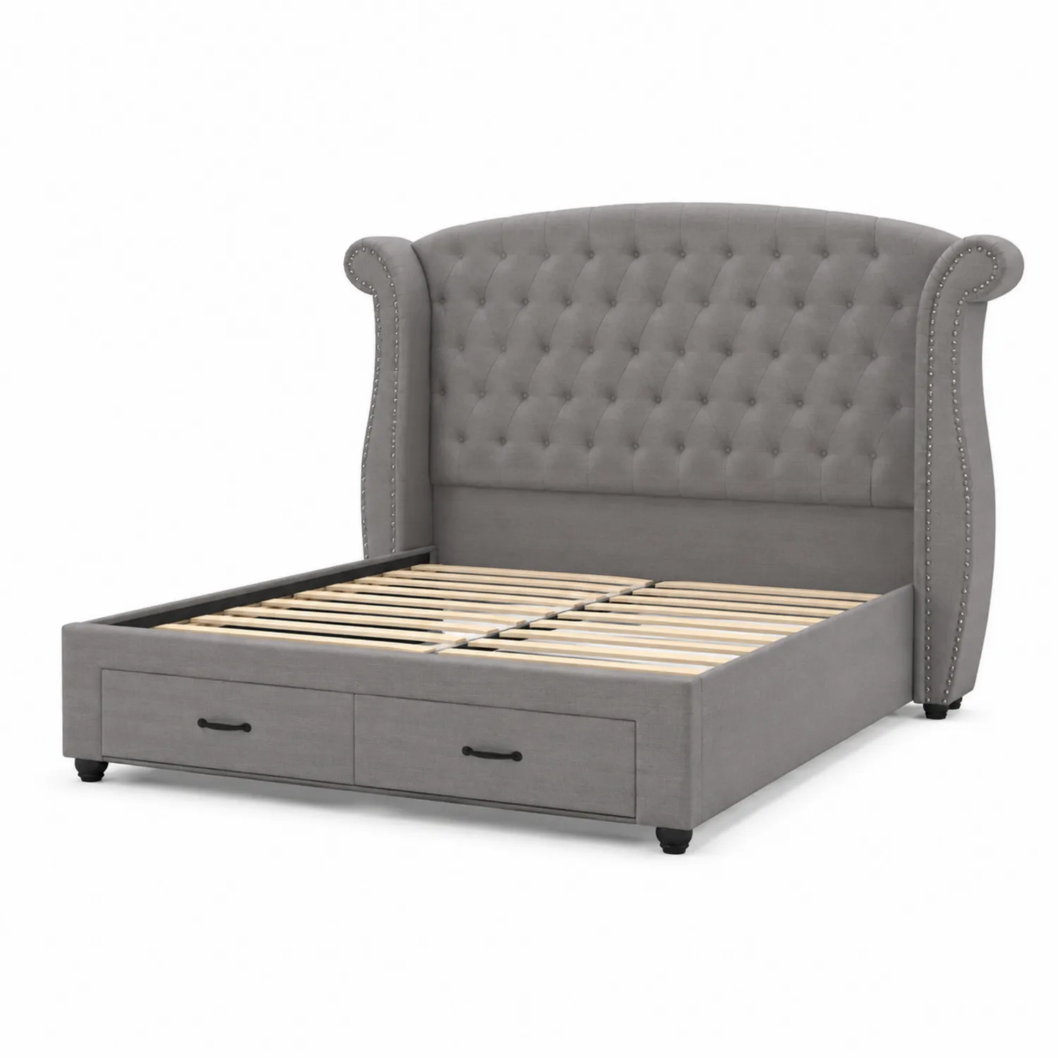 Letto Matrimoniale in Tessuto Grigio con Testiera Imbottita e Cassetti