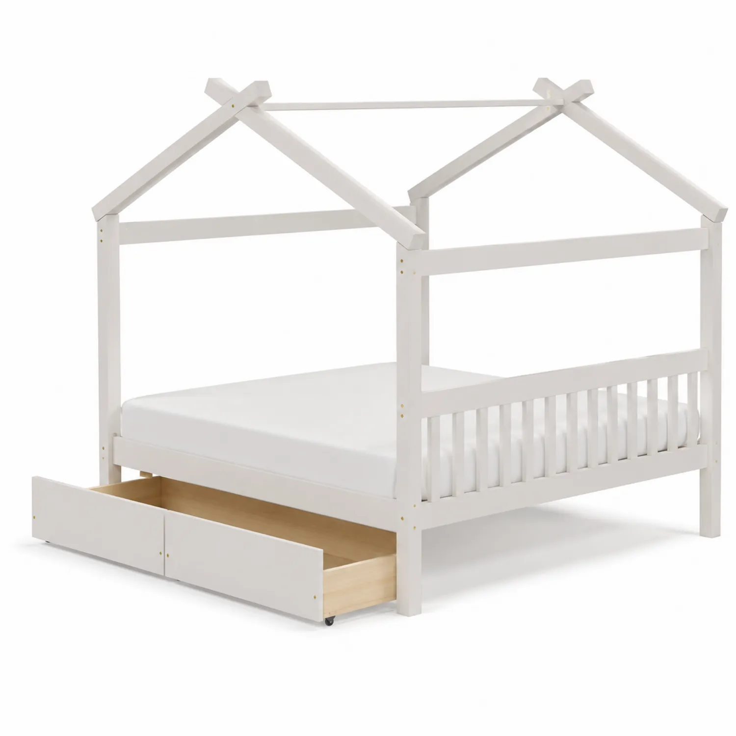 Kinderbett Holz Hausform mit Schubkästen Weiß 200x90 cm