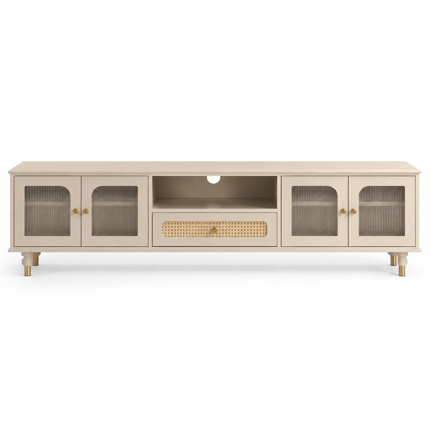 TV-Schrank aus Holz mit Glas- und Flechttüren, Beige