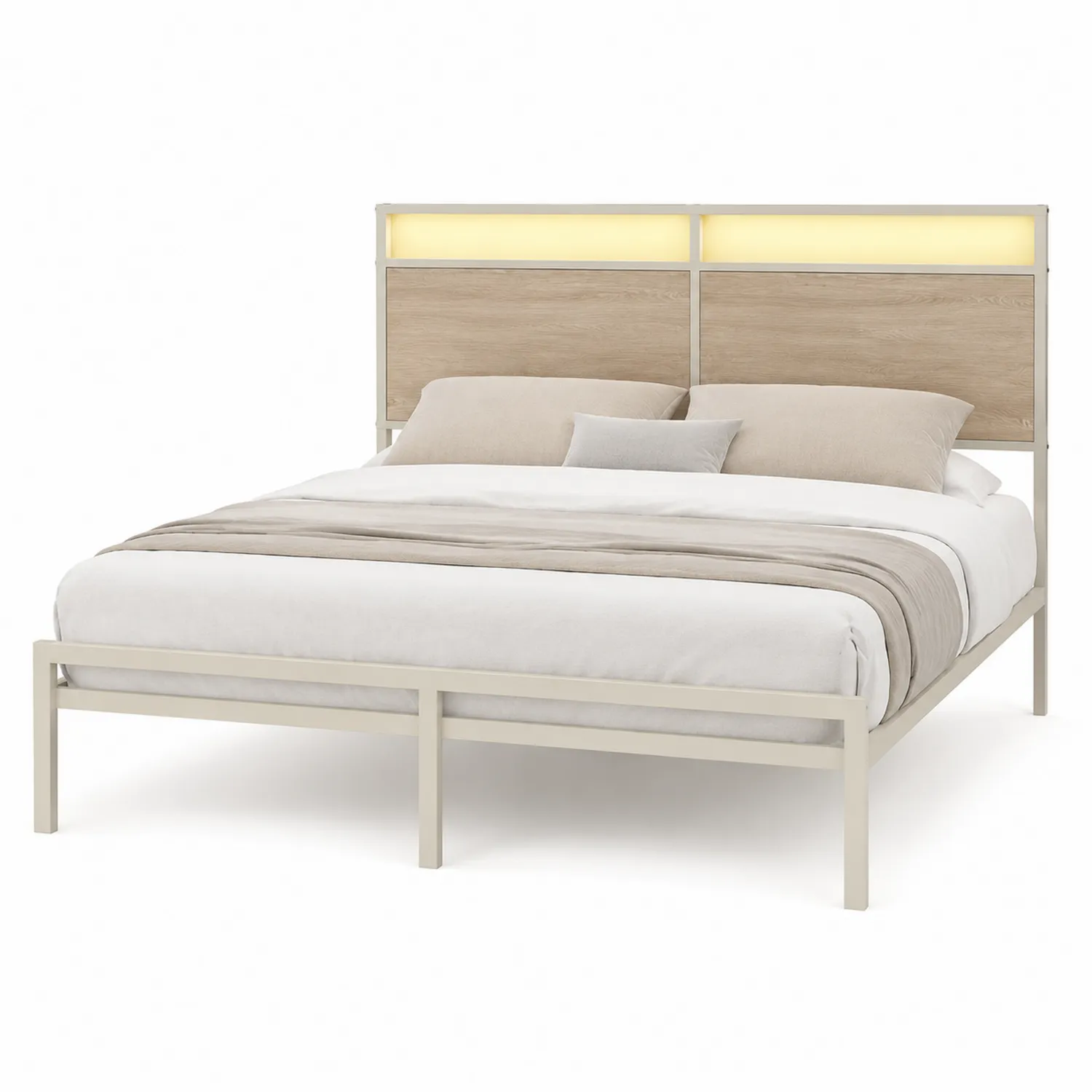 Bett mit Metallrahmen und Holz-Kopfteil Beige 200x180 cm