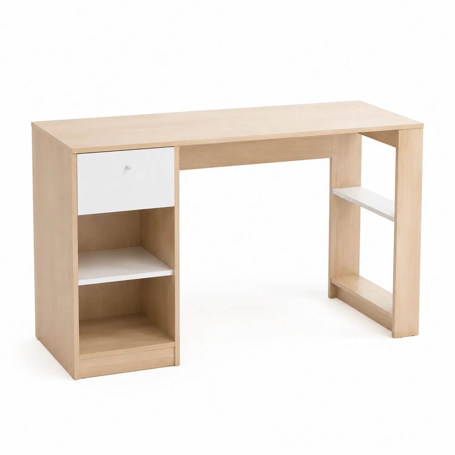 Schreibtisch aus Holz mit Schublade und Regal in Natur/Weiß