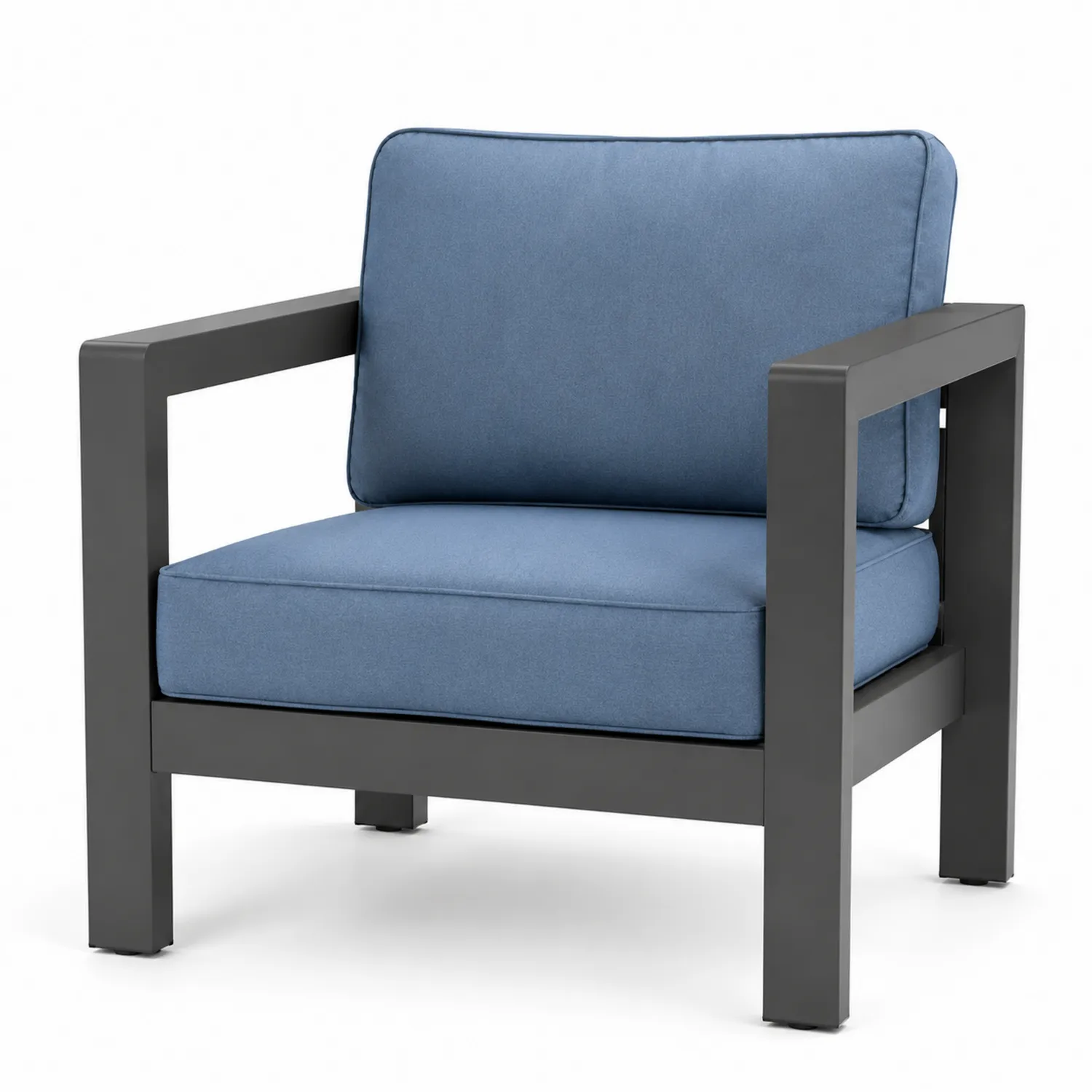 Aluminium Sessel mit blauem Bezug