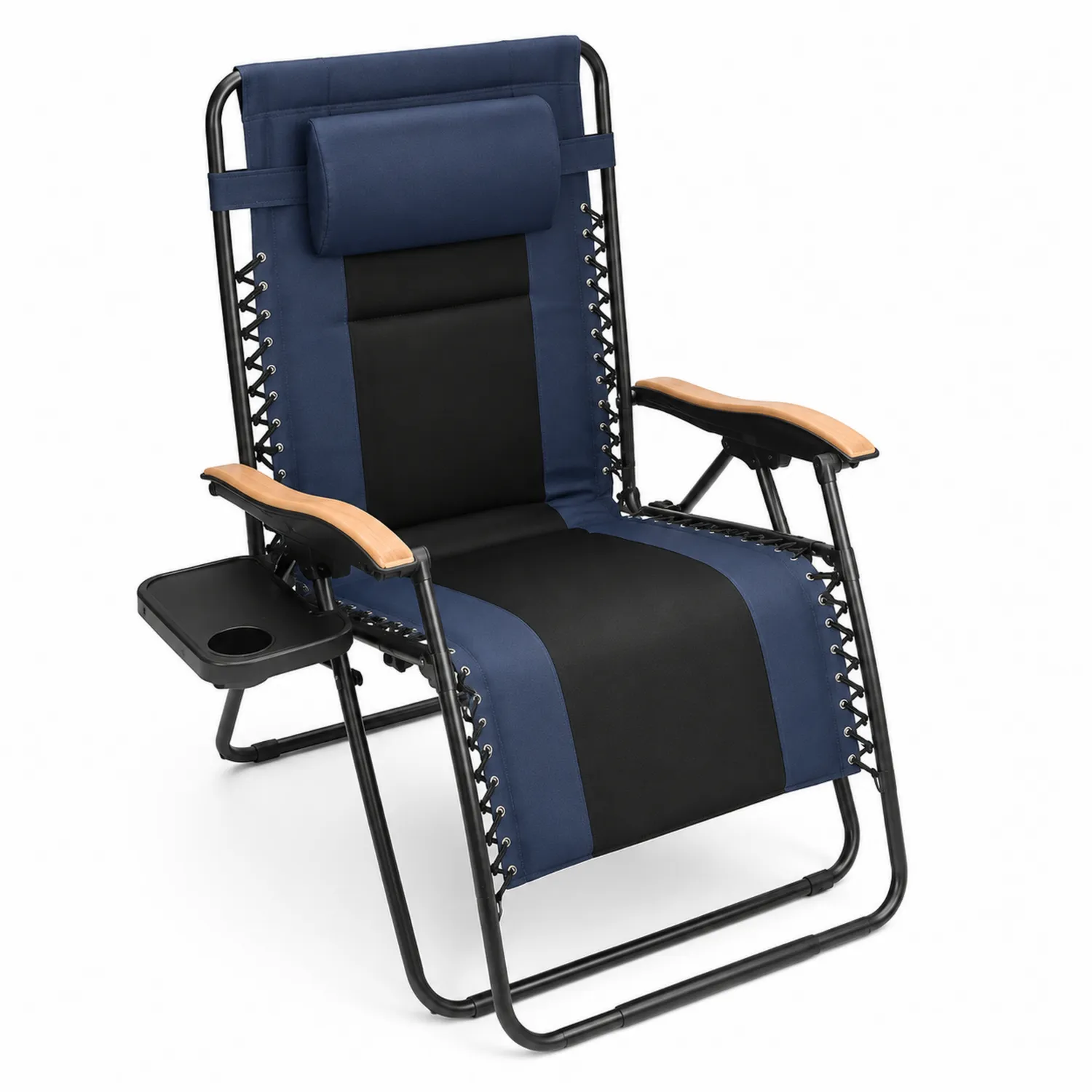 Klappbarer Outdoor-Liegestuhl Schwarz/Blau mit Holzarmlehnen