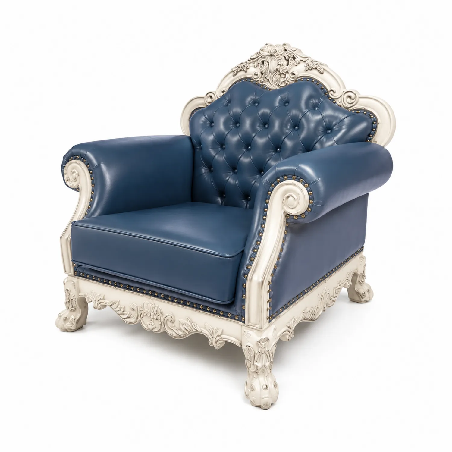 Chesterfield Sessel Leder Blau mit Holzdetails