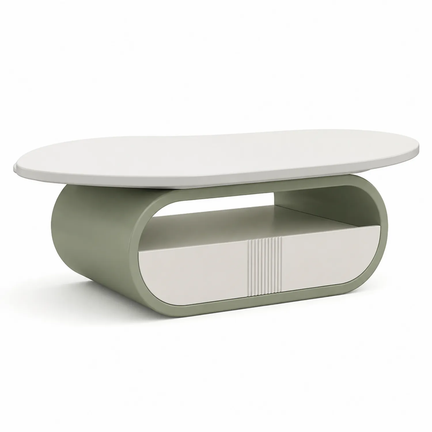 Ovale Couchtisch aus MDF und Metall in Weiß/Grün