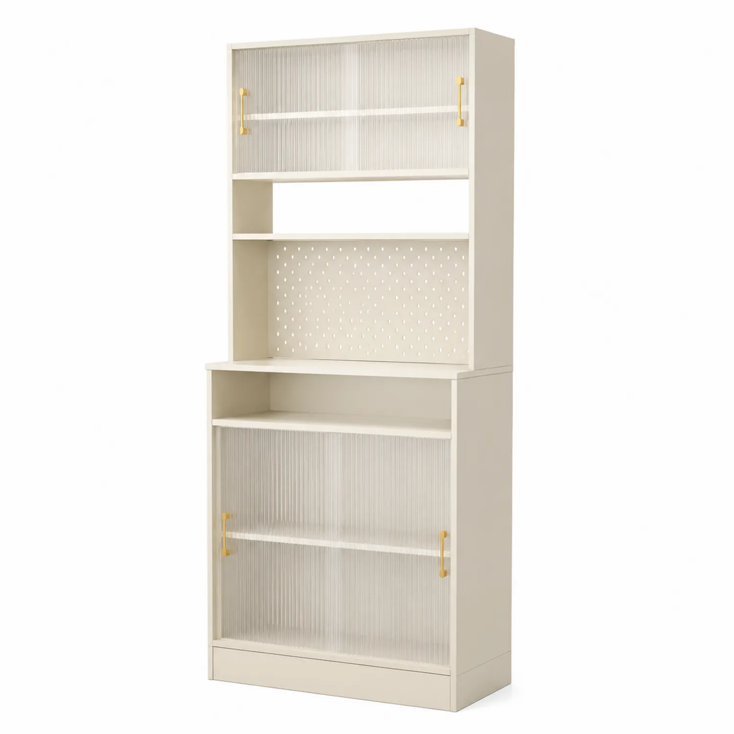 Beiger Holzschrank mit Regalen und geriffeltem Glas
