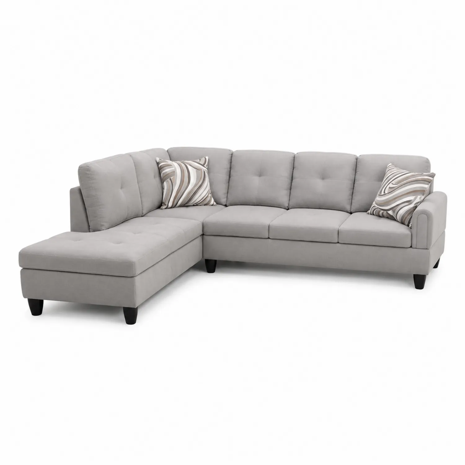 Ecksofa Holz-Grau Stoff L-Form mit Kissen