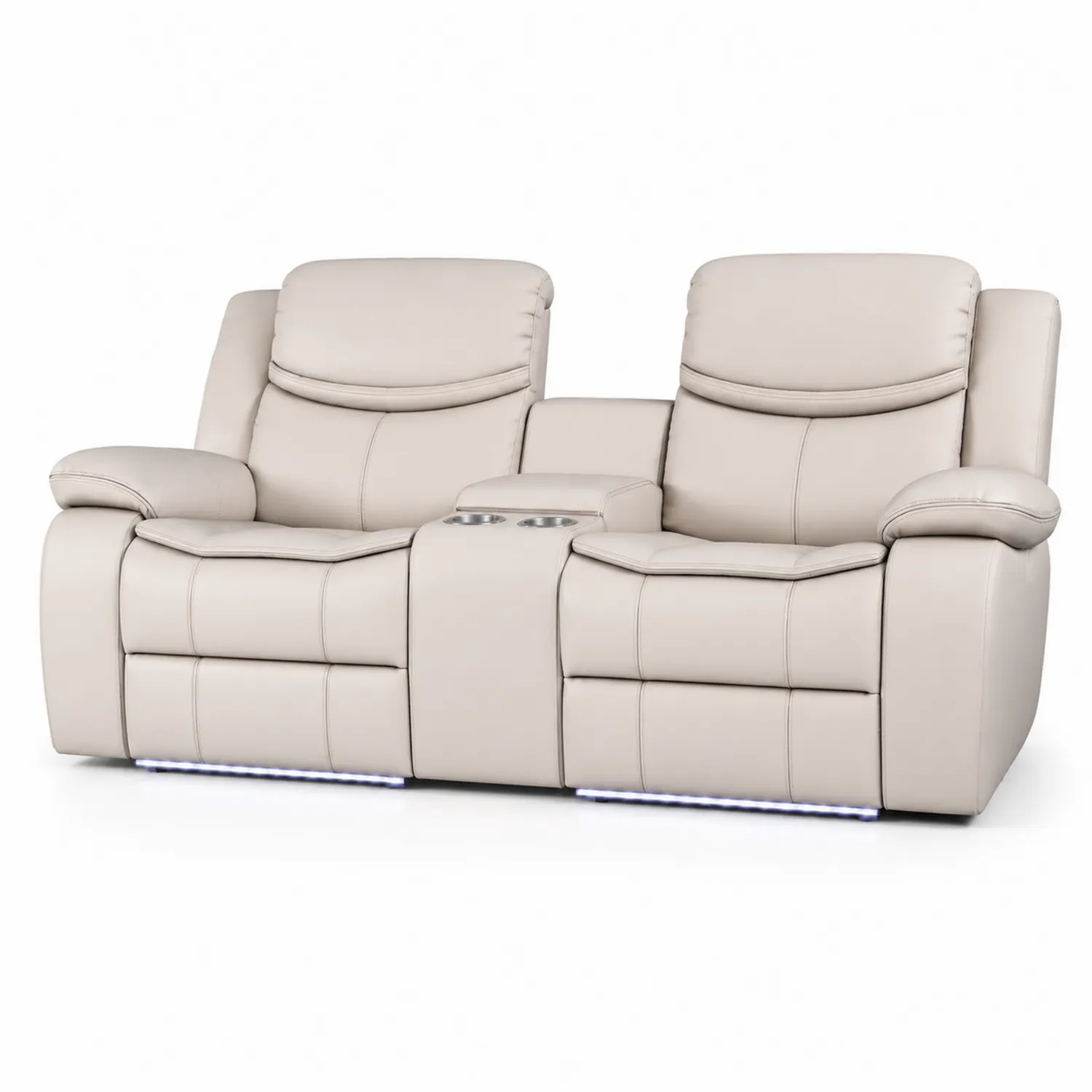 2-Sitzer Ledersofa Beige mit LED und Getränkehalter