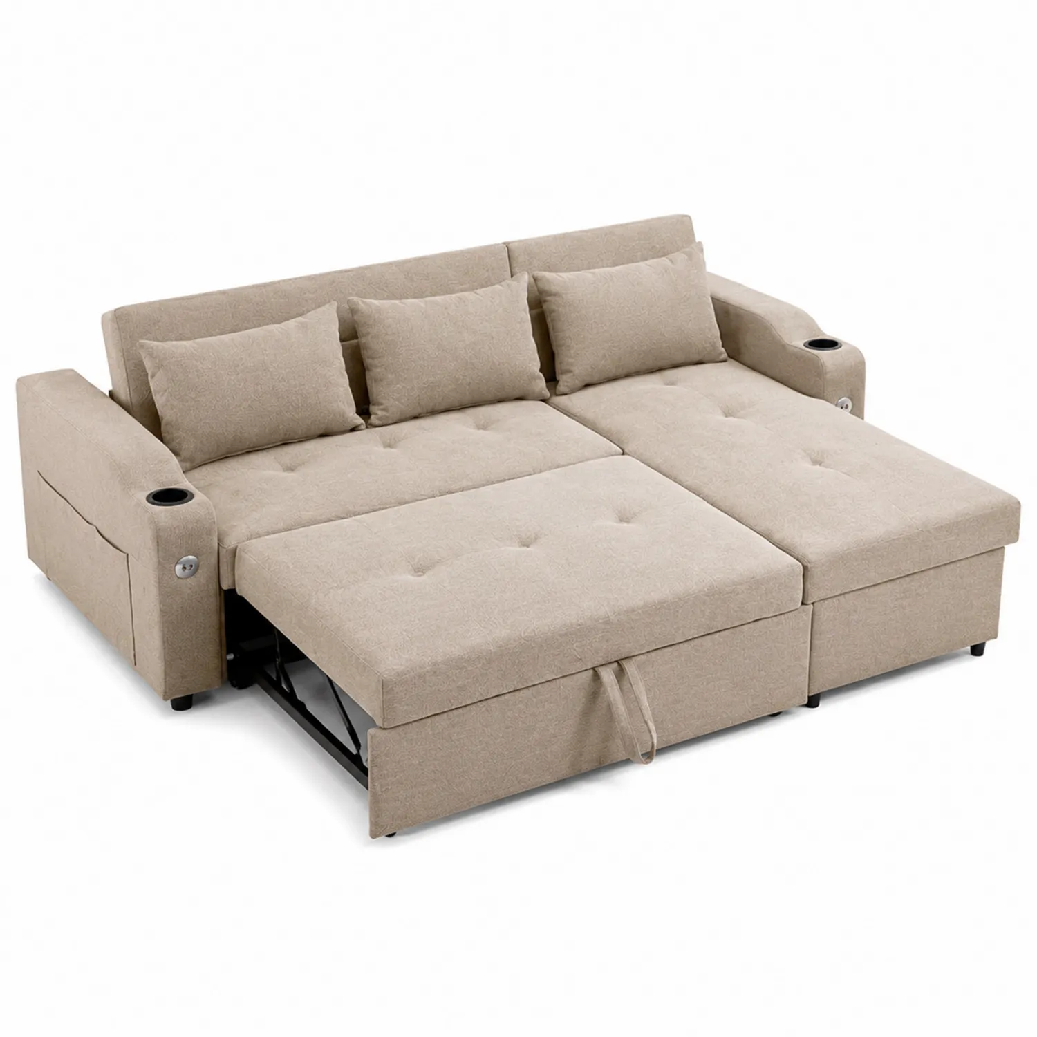 Beiges Stoff-Schlafsofa mit Récamiere und Kissen