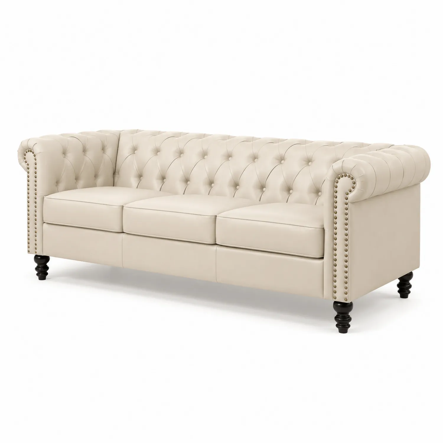 Chesterfield Dreisitzer Sofa Echtleder Beige