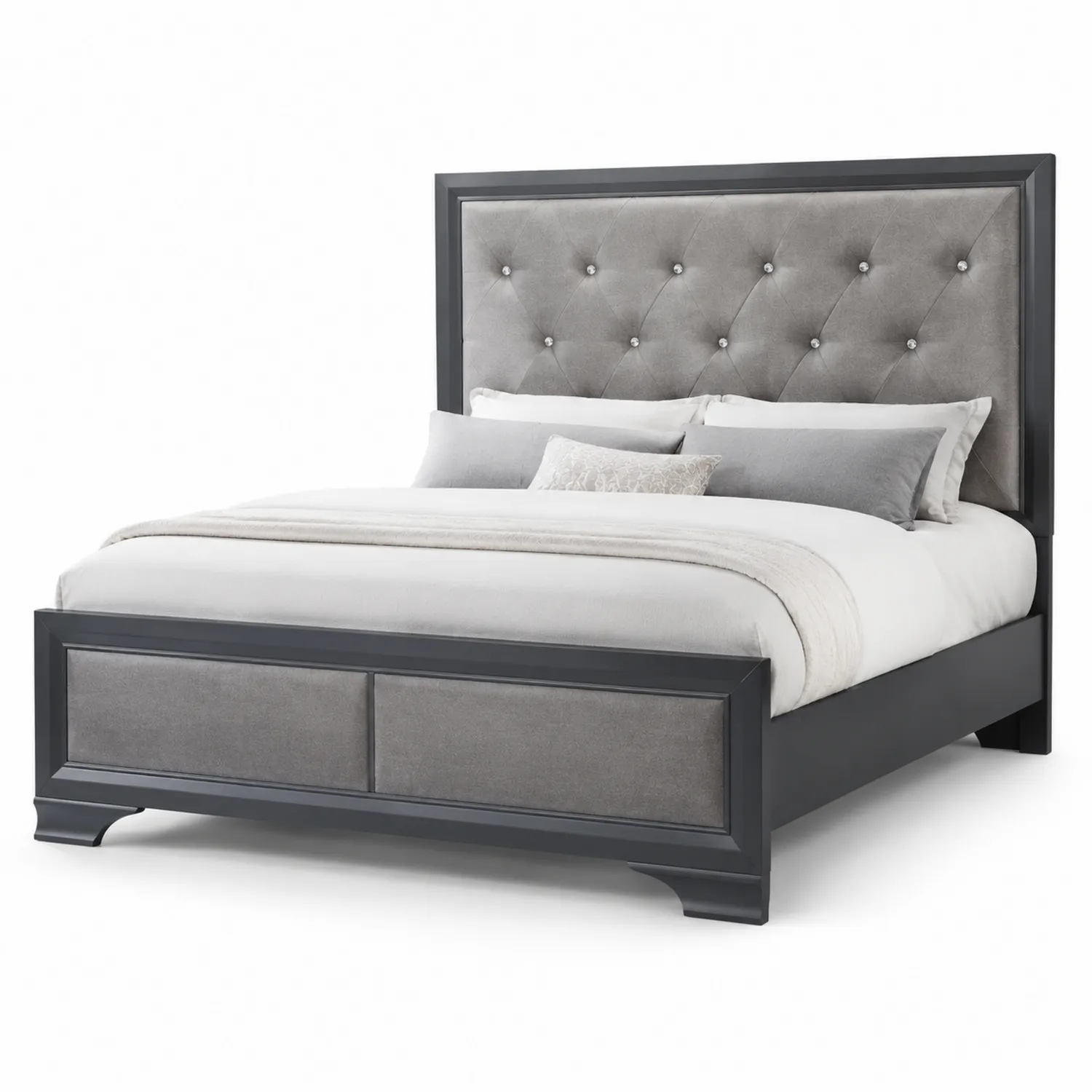 Doppelbett Grau 200x180 cm Massivholz mit Polyester Kopfteil