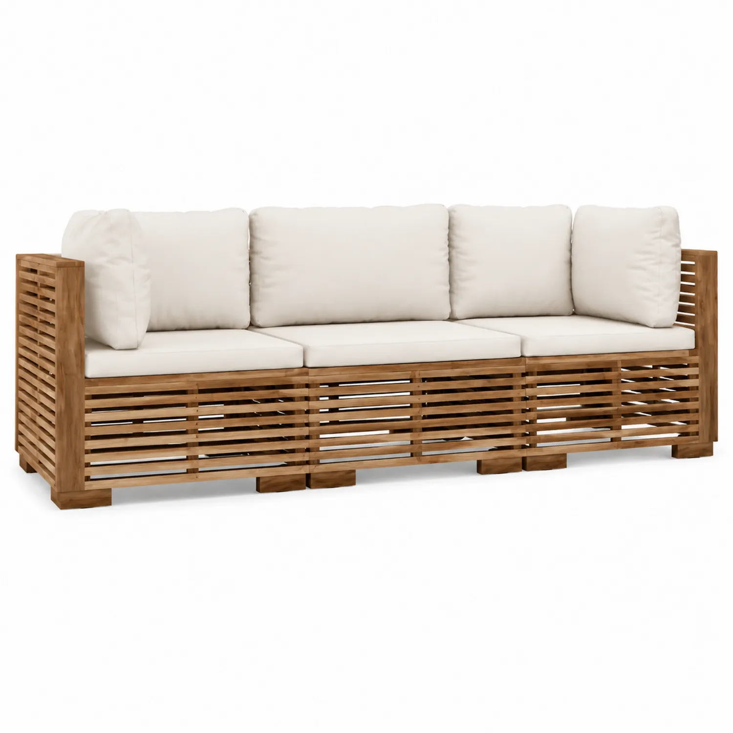 3-Sitzer Teakholz-Sofa mit weißen Kissen 220 cm