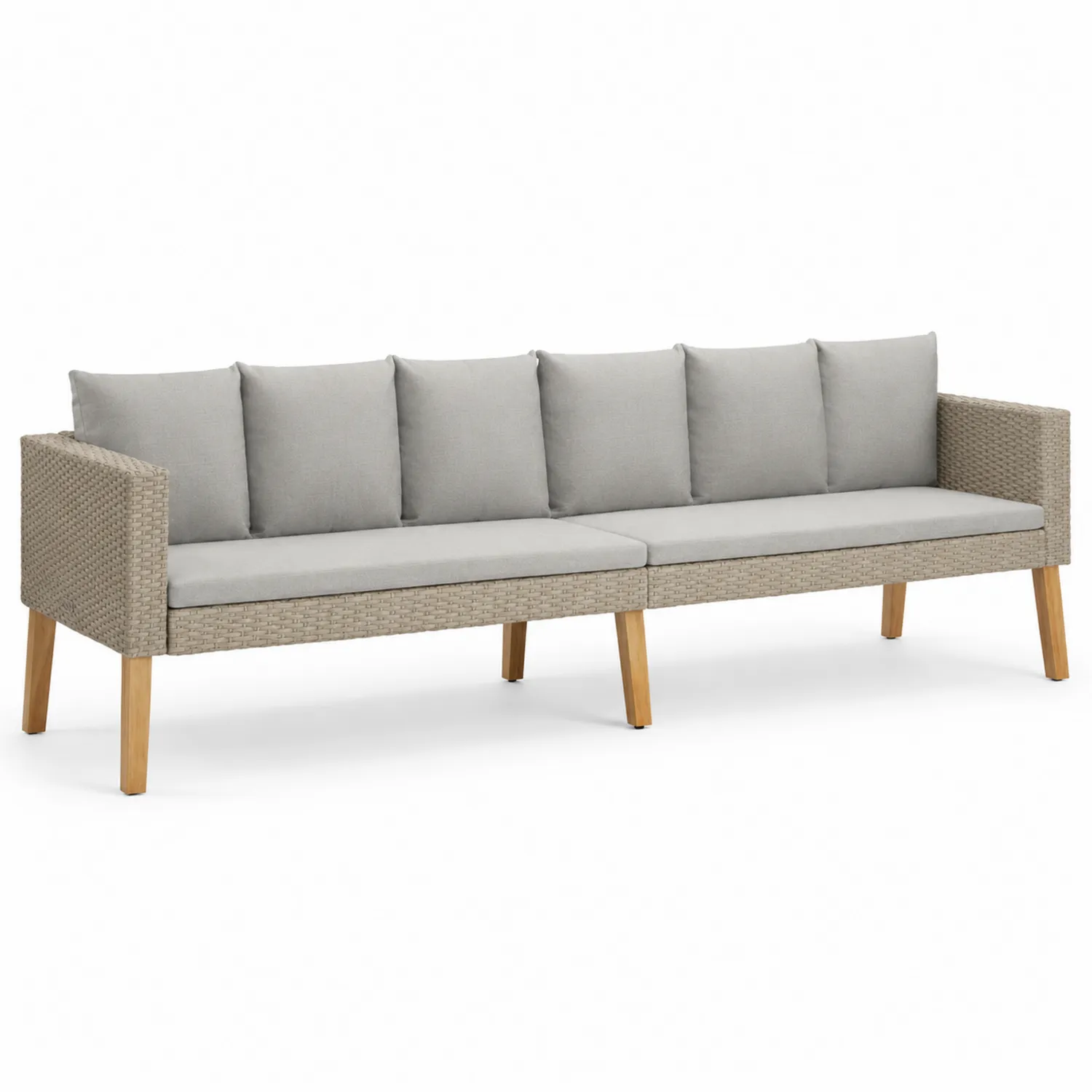3-Sitzer Gartensofa aus PE-Rattan mit Holzbeinen, Beige Grau