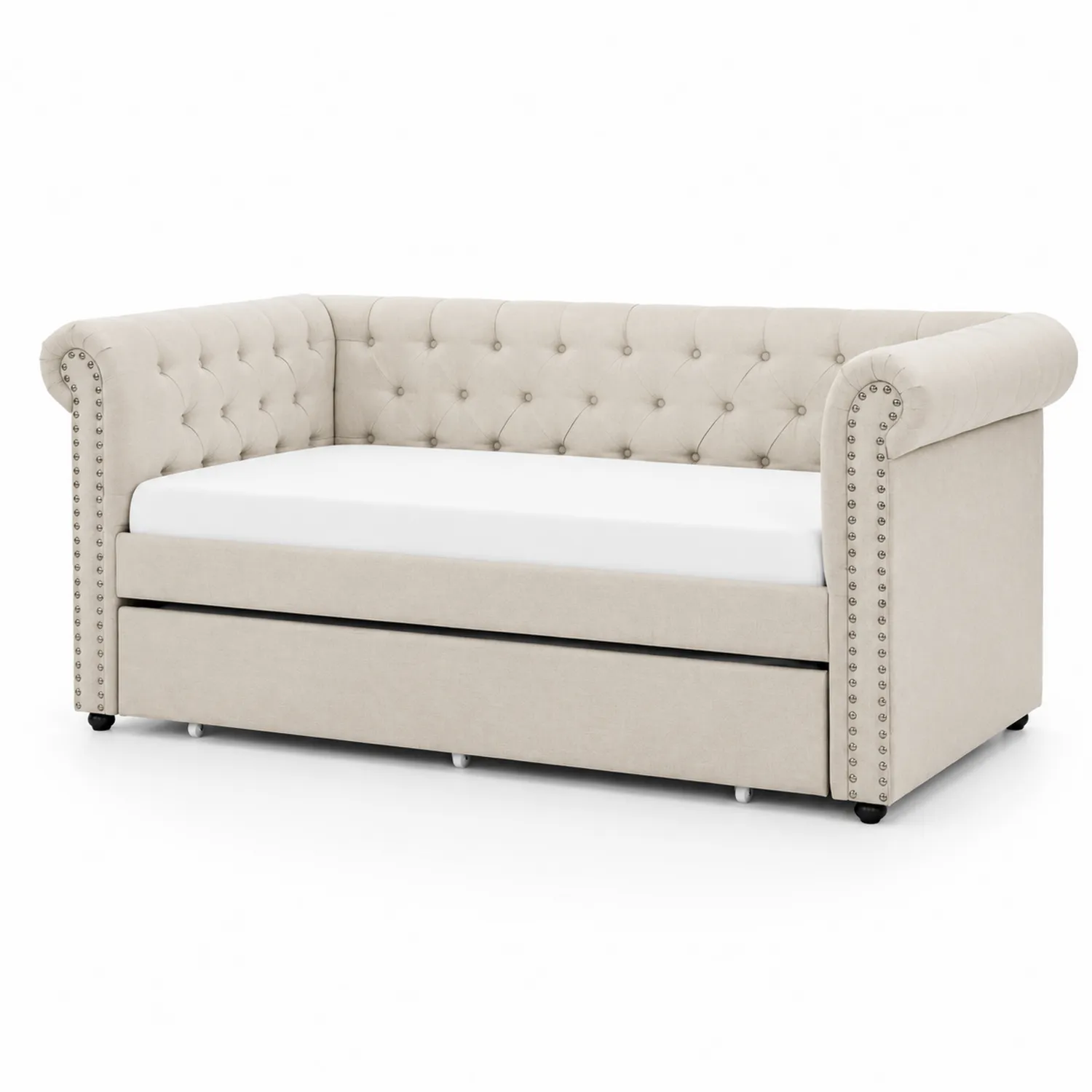 Polster Tagesbett Leinenstoff Beige mit Knopfsteppung 200x90 cm