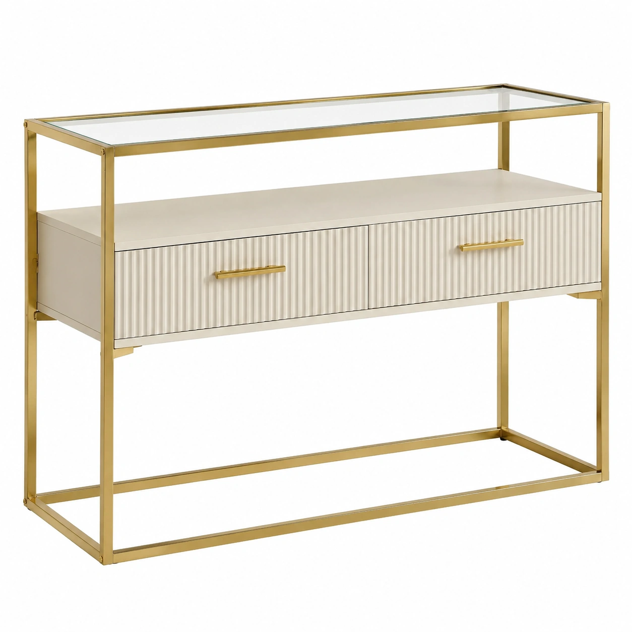 Consola moderna beige con estructura metalica dorada y cajones acanalados-decozane.com