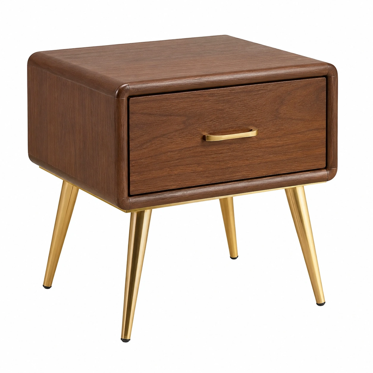 Mesita de noche marron madera con cajon amplio y patas doradas de estilo retro contemporaneo-decozane.com