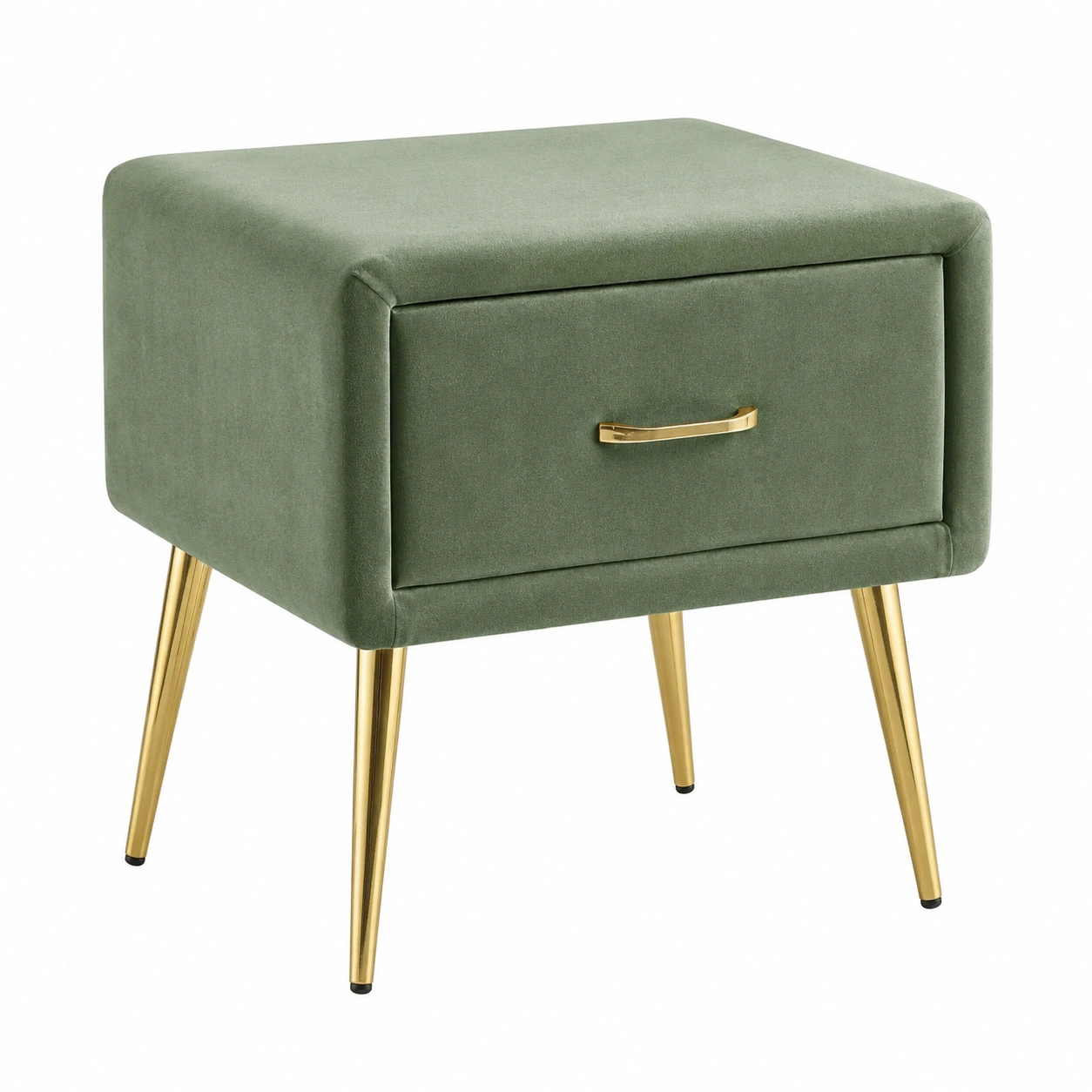 Mesita de noche tapizada verde salvia con cajon integrado y patas doradas de estilo moderno suave-decozane.com