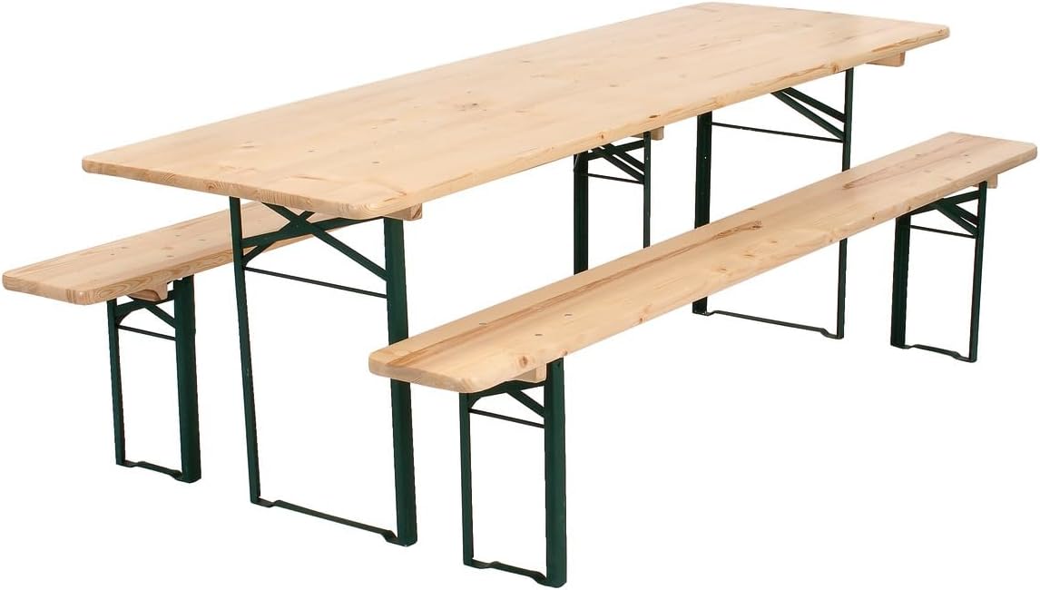 METRO Professional Bierzeltgarnitur - Klappbarer Biertisch mit 220 x 70 Zentimetern - Zwei Bierbänke mit 220 x 25 Zentimetern - Naturbraun und Grün für Garten und Veranstaltungen-Nestmyio