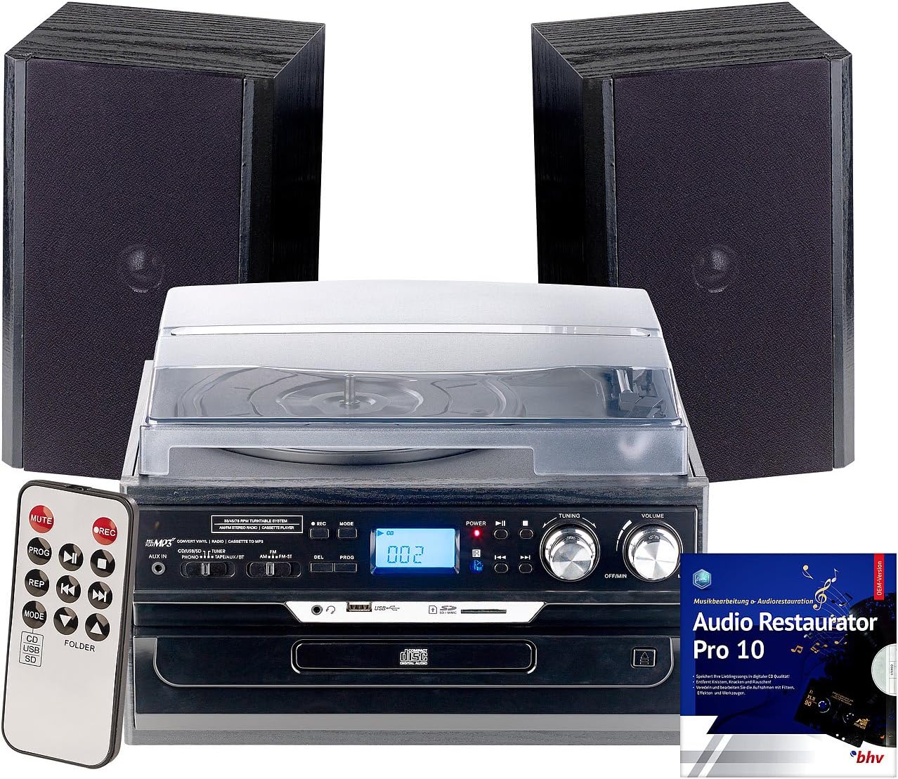 auvisio MHX 600 bt Kompaktanlage - 5 in 1 Plattenspieler CD und Kassettenspieler - Bluetooth und Digitalisierfunktion mit 40 Watt - Zwei Lautsprecher und AUX Kabel Schwarz-Nestmyio