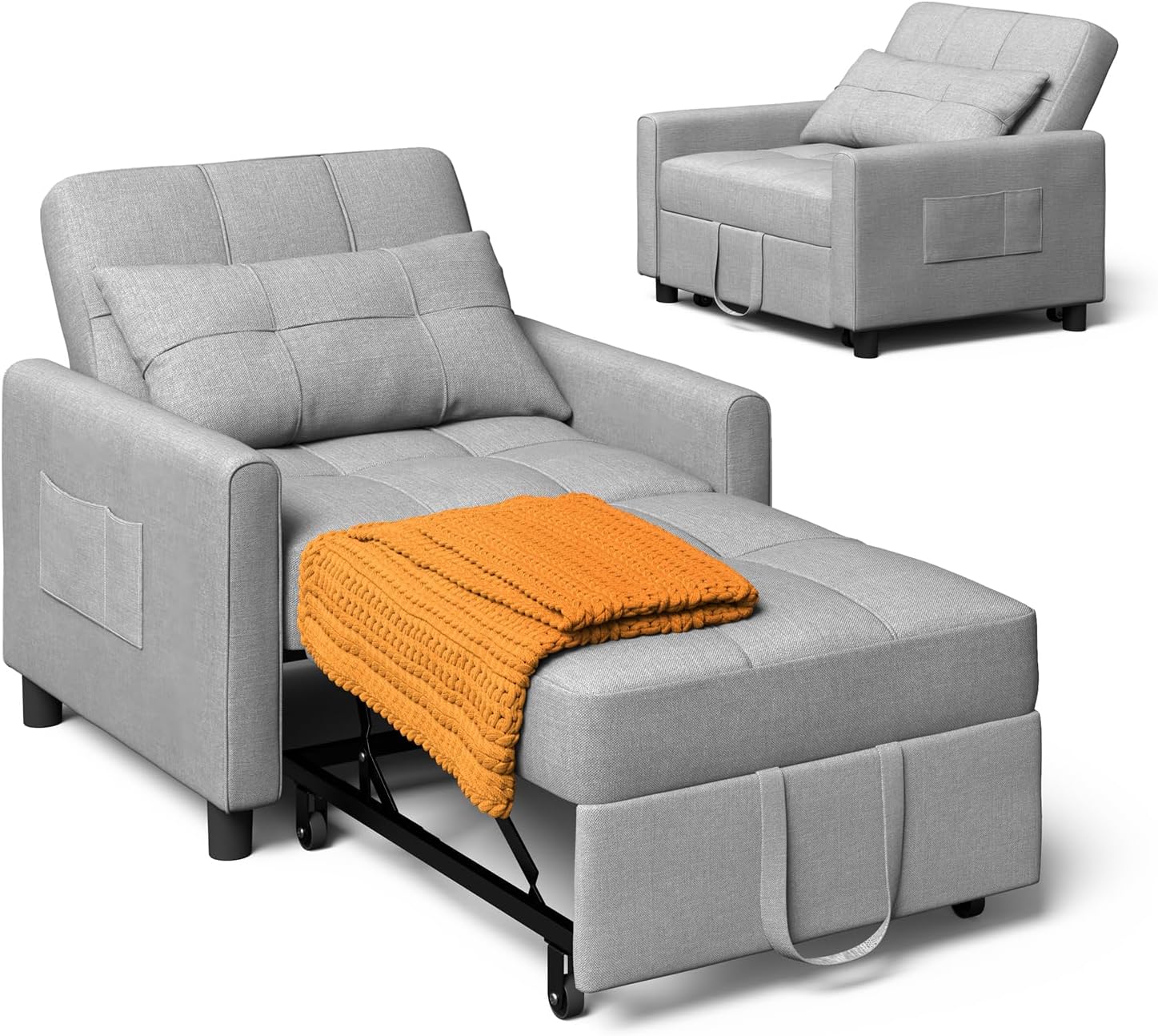 Xbro Schlafsessel 3 in 1 - Verstellbarer Einzelsessel mit Bettfunktion - Mit Kissen und Seitentasche bis 180 kg - Hellgrau für kleine Wohnung Gästezimmer-Nestmyio