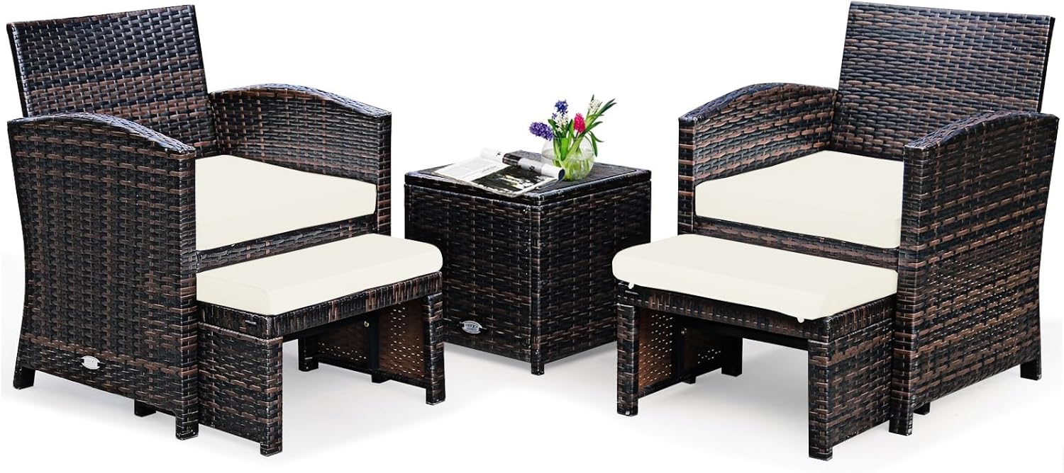 GIANTEX Rattan Gartenmöbel Set - Zwei Sessel mit zwei Hockern - Tisch und weiße Sitzkissen enthalten - Fünfteilig für kleinen Balkon Garten und Terrasse-Nestmyio