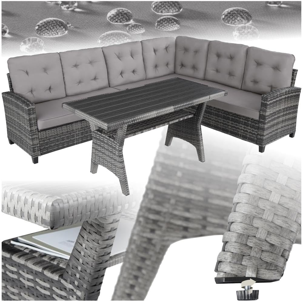 tectake Rattan Eckbank Gartenmöbel Set - Wetterfeste Gartenbank mit Esstisch - Outdoor Sitzecke 240 x 185 x 73 Zentimeter - Grau für Garten Balkon Wintergarten und Terrasse-Nestmyio