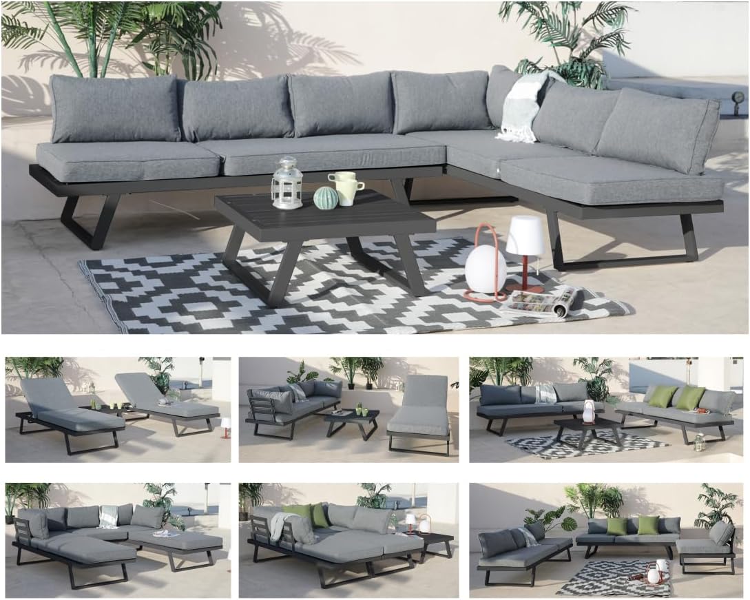 ALEOS Aluminium Gartenlounge Cancun - Multifunktionale Sitzgruppe für 4 Personen - Doppelliege und Sofagarnitur mit Polyesterkissen - Grau Anthrazit-Nestmyio