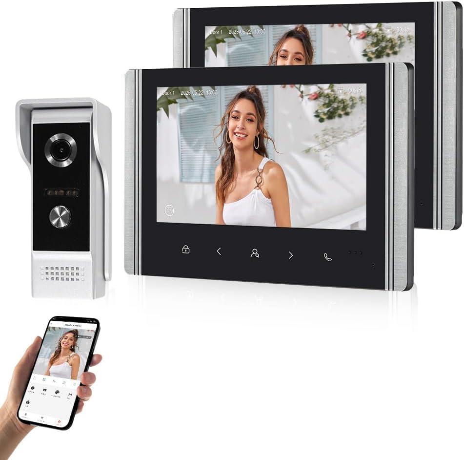 WLAN Video Türsprechanlage - 1080p HD Kamera mit zwei 7 Zoll IPS Monitoren - IR Nachtsicht Aufnahme und Zwei Wege Audio - Kabelgebunden mit Tuya App-Nestmyio