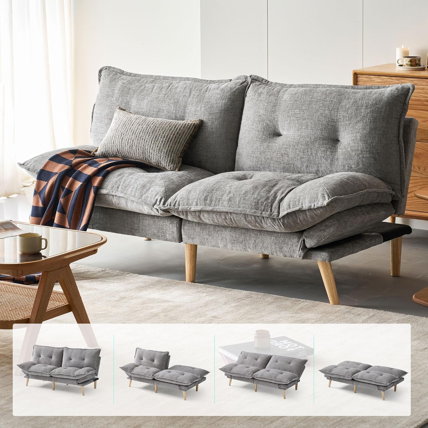 LINSY HOME Schlafsofa 3 Sitzer - Klappbare Couch mit verstellbarer Rückenlehne und Armlehnen - 183 x 83 x 86 cm bis 272 kg - Hellgrau für Wohnzimmer und Gästezimmer-Nestmyio