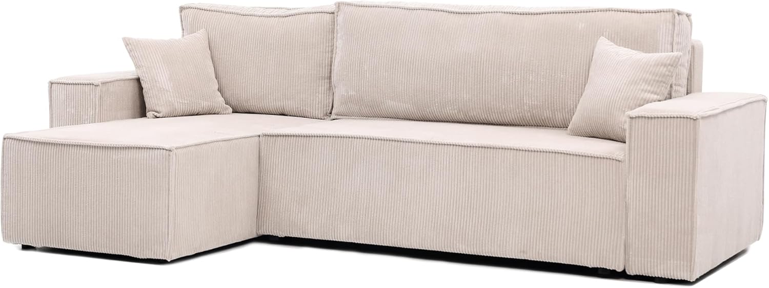 Dreisitzer Cord Ecksofa mit Schlaffunktion - 244 cm breite Couch mit Bettkasten - Liegefläche 200 x 125 cm und bis 200 kg belastbar - Beige für Wohnzimmer und Gästezimmer-Nestmyio
