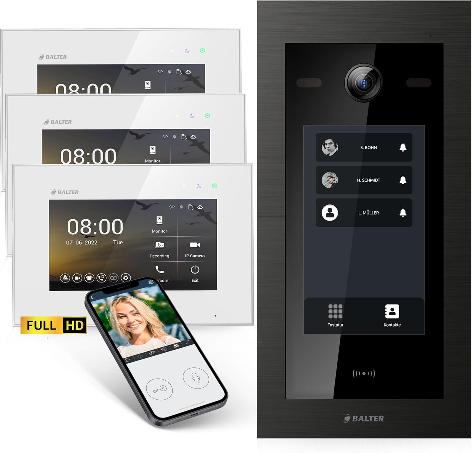 Balter EVO HD Video Türsprechanlage - Für Dreifamilienhaus mit drei 7 Zoll Monitoren - Full HD Kamera 175 Grad und RFID - Touchscreen Türstation mit App und 2 Draht Bus-Nestmyio