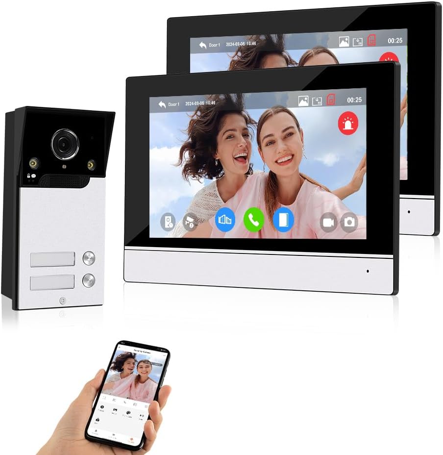 WiFi Video Türsprechanlage für 2 Wohnungen - 1080p Kamera mit IR Nachtsicht und Zwei Wege Audio - Zwei 7 Zoll Monitore mit Aufnahme - Tuya App und Türöffnung-Nestmyio