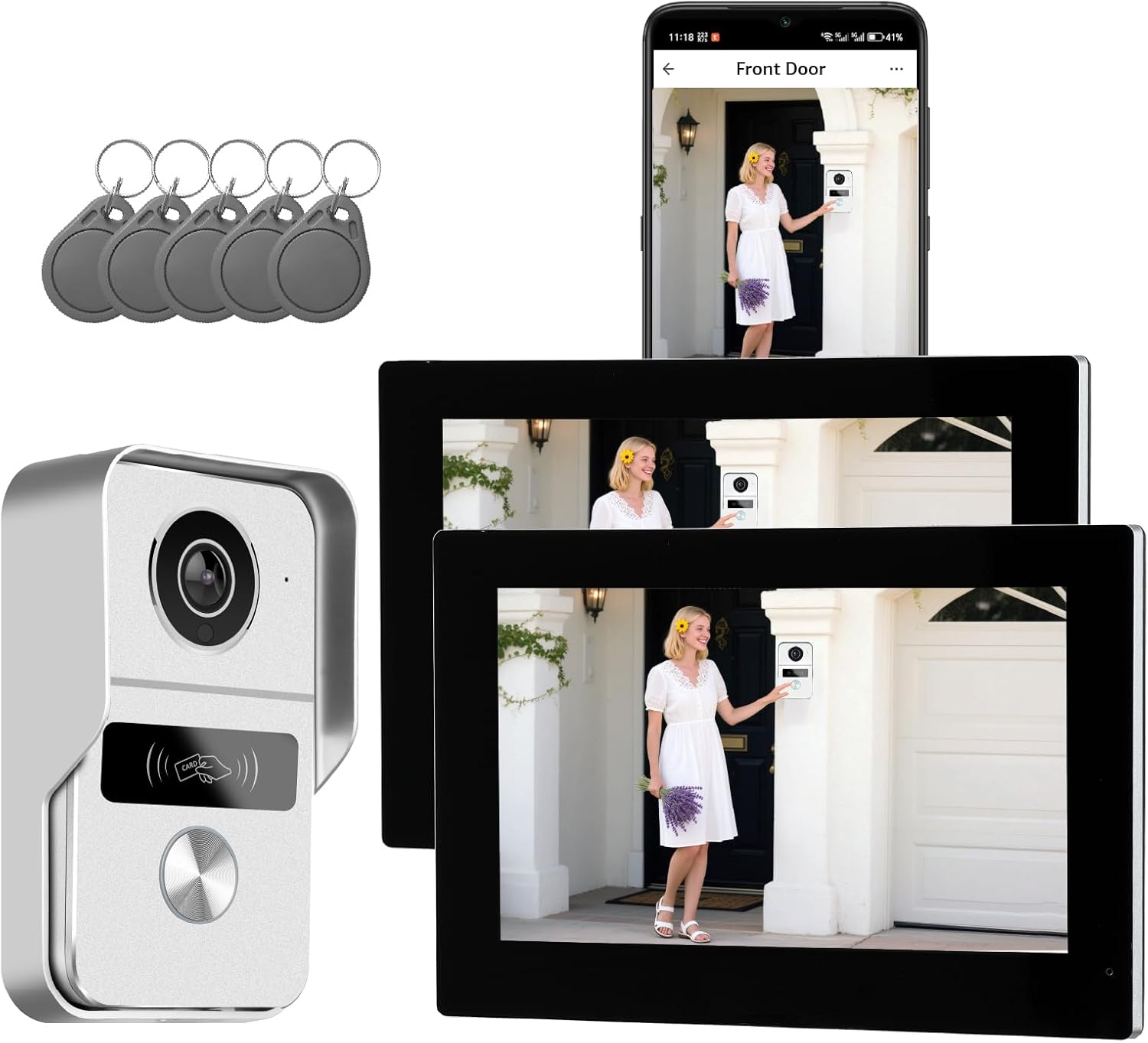 1080p Türsprechanlage für Einfamilienhaus - Kabelgebundenes System mit zwei Monitoren - Zwei Wege Audio Nachtsicht und Bewegungserkennung - Türöffner Aufzeichnung und TUYA App-Nestmyio