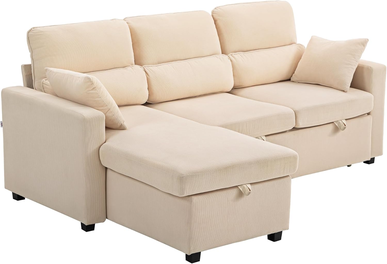 HOMCOM Ecksofa mit Schlaffunktion - 3 Sitzer L Form mit Bettkasten und Kissen - Cordoptik 205 x 135 x 76 cm bis 400 kg - Beige für Wohn und Gästezimmer-Nestmyio
