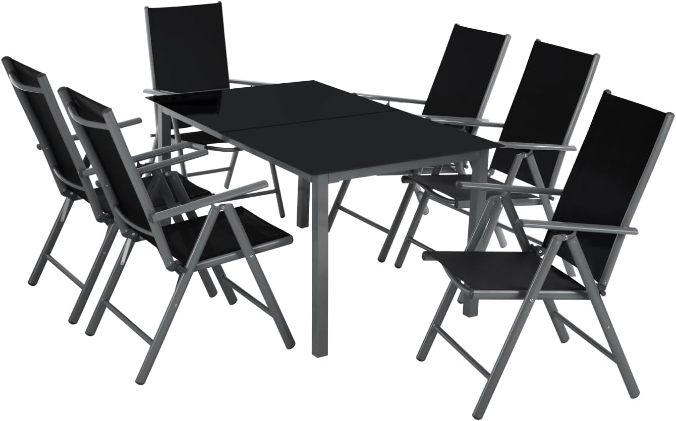 tectake Aluminium Gartenmöbel Set - 6 klappbare Stühle und 1 Esstisch mit Glasplatte - Wetterfeste Sitzgarnitur für 6 Personen mit 42 kg - Anthrazit für Garten Terrasse Balkon-Nestmyio