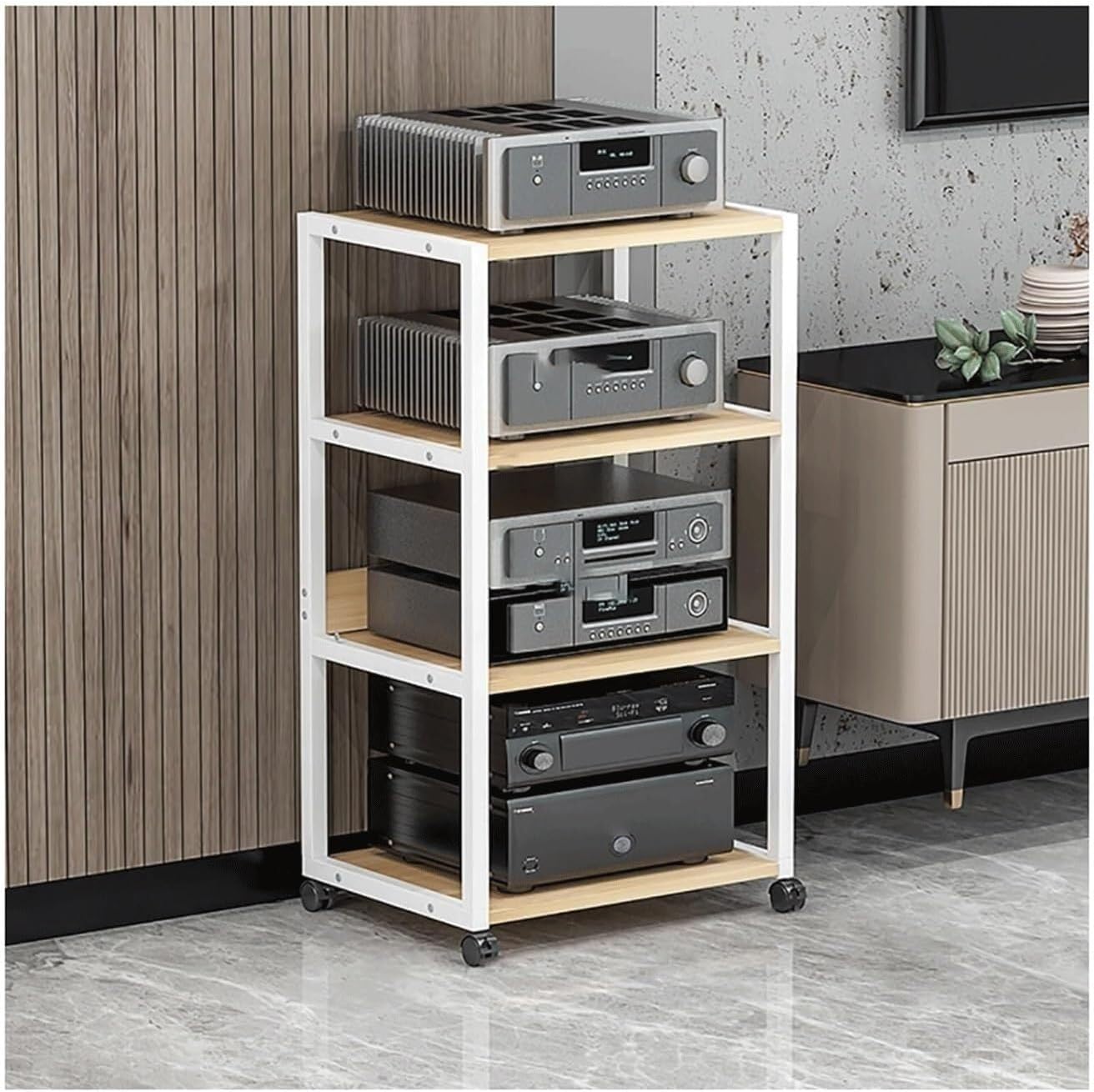 Mobiles Audio Rack mit Rollen - Holzregale und stabiler Stahlrahmen - Weißer Stereo Ständer mit 100 cm Höhe - Für Audio Video Geräte im Wohnzimmer und Studio-Nestmyio