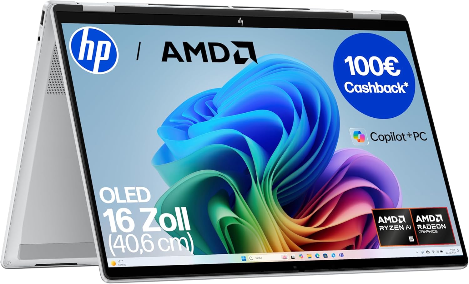 HP OmniBook X Flip 2in1 AI Laptop - 16 Zoll WUXGA Touchscreen 1920 x 1200 - AMD Ryzen AI 5 340 16 GB RAM - 512 GB SSD Windows 11 QWERTZ Silber-Nestmyio