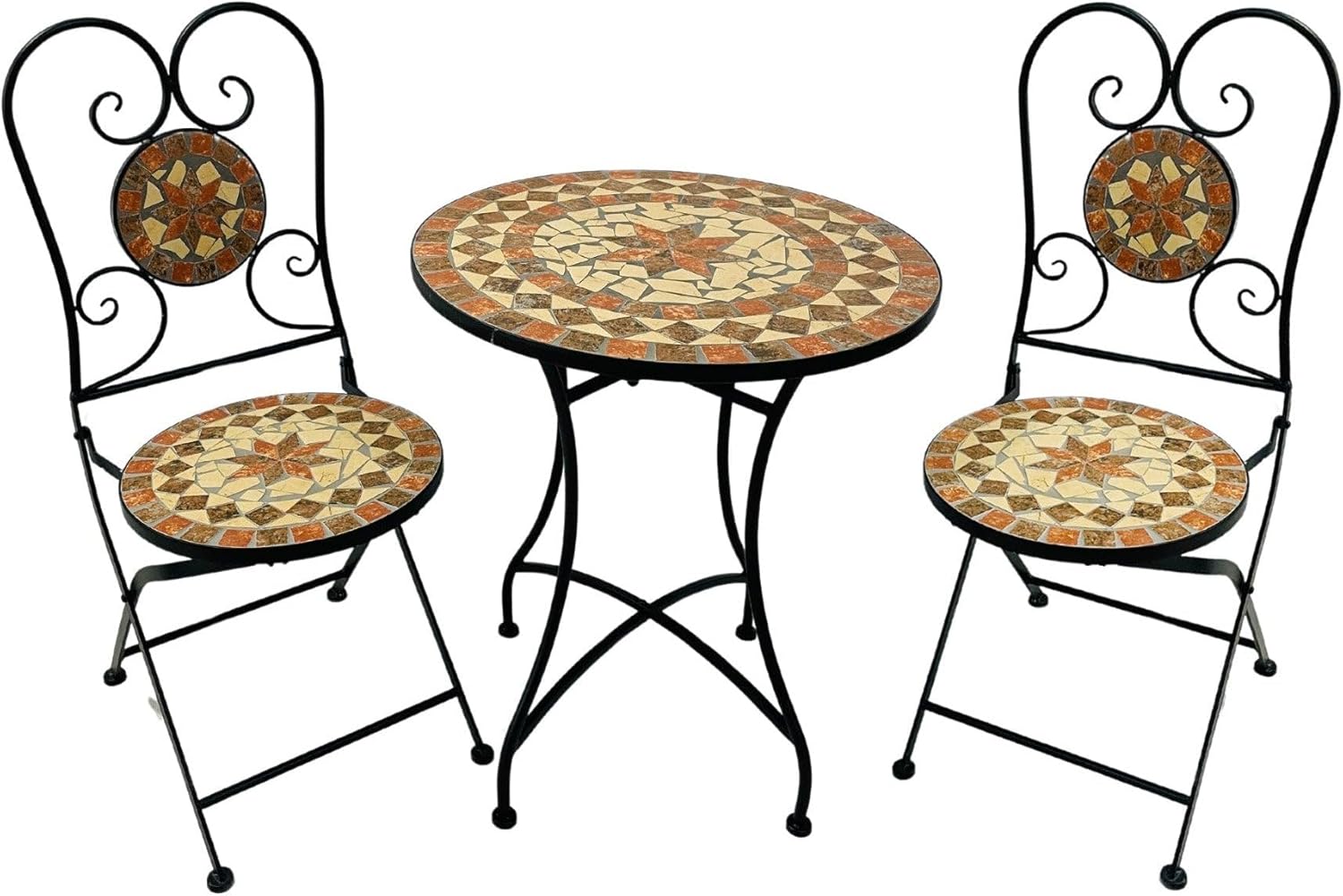 Bistroset Gartenmöbel 3 Teile - Runder Mosaiktisch mit 2 Klappstühlen - Metall Set mit Tischmaß 60 x 60 x 70 cm - Design Caspian für Balkon Terrasse Garten-Nestmyio